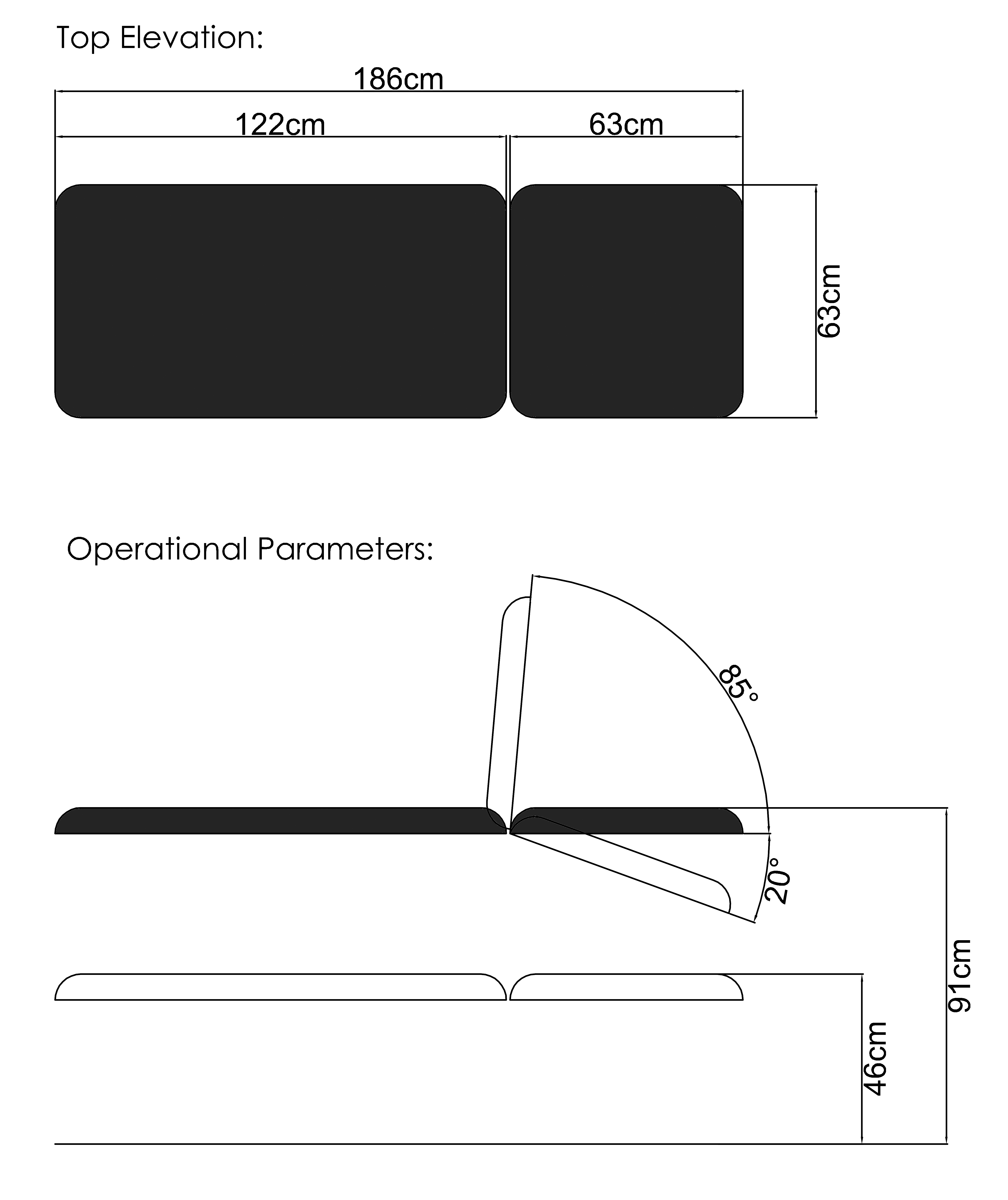 dimensions of the medi-plinth 2-section couch